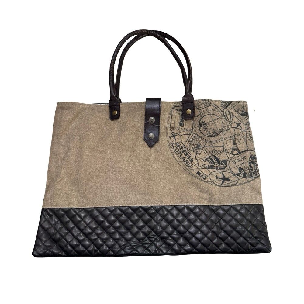 Mona B Canvas Satchel Tote Bag Black Khaki Paris, Scotland, Tokyo, Sydney travel